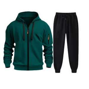 Detail of dark green hooded tracksuit with metallic zippers and orange accents