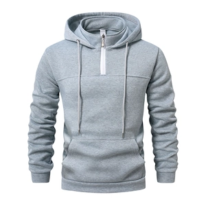 Men's light grey half-zip hooded sweatshirt with kangaroo pocket and ribbed cuffs