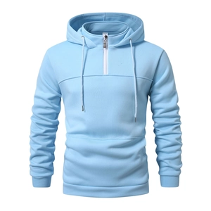 Detail of light blue men hoodie featuring quarter-zip collar, drawstring hood and kangaroo pocket