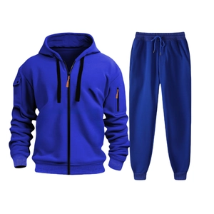 Deep blue men's tracksuit set with orange zipper accents and sleeve pocket detail