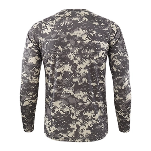 Detail of pixelated camo print and mesh texture on outdoor quick-dry long sleeve shirt