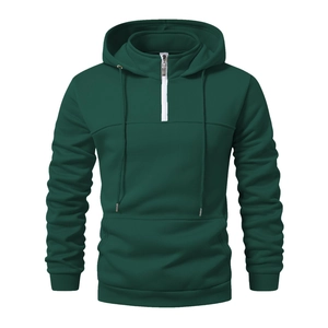 Men's dark green half-zip hooded sweatshirt with ribbed cuffs and front pocket