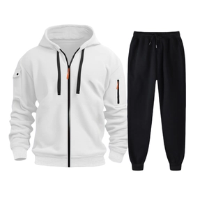 Detail of white hooded jacket with black drawstring and functional zippered sleeve pocket