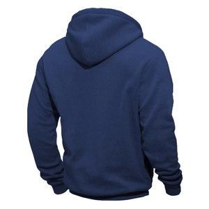 Rückansicht eines dunkelblauen Hoodies mit Rippbündchen und strukturierter Kapuze