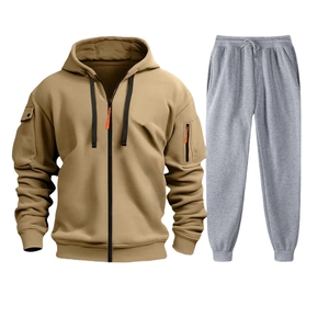 Detailed view of men's khaki hooded zip-up sweatshirt and grey joggers sports set
