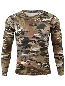 Detail of round neck camouflage sports shirt showing moisture-wicking fabric and size label