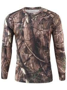 Detail of the crew neck and camouflage print on this quick-dry outdoor sports shirt