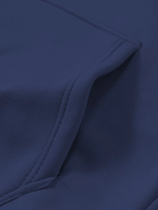Detailed close-up of double-stitched pocket seam on dark blue men hoodie fabric
