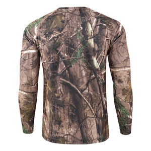 Detailed back view of camo long sleeve shirt with breathable mesh texture and forest print