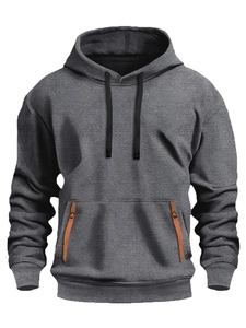 Sudadera con capucha gris oscuro para hombre con bolsillo y cremallera naranja