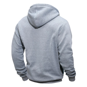 Rückansicht eines grauen Hoodies mit Rippbündchen am Saum und strukturierter Kapuze