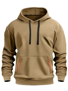 Sudadera con capucha caqui para hombre con cordones negros y bolsillos con cremallera naranja