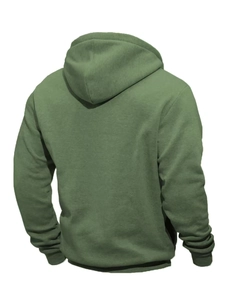 Rückansicht von armygrünem Kapuzenpullover mit überschnittenen Schultern und Rippbund