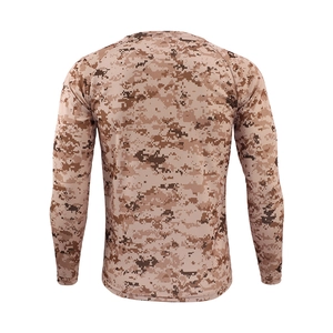 Detail view of digital desert camo outdoor shirt back showing raglan sleeves and mesh fabric