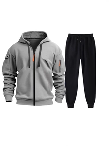 Men's casual grey zip-up hoodie and black joggers tracksuit set for spring sports