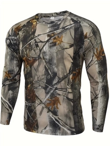 Detail of crew neck and quick-dry forest camouflage fabric on men's outdoor long sleeve shirt