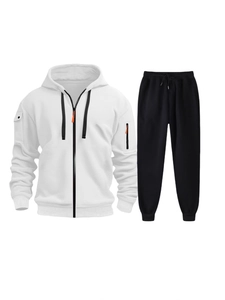 Men's athletic tracksuit with white hooded zip jacket and black joggers featuring orange zippers
