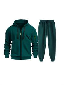 Men's dark green hooded tracksuit with zipper hoodie and ribbed cuffs in a clean set
