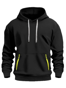 Sudadera negra de hombre con capucha, cordones grises y detalles amarillo neón