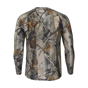 Detail of breathable quick-dry mesh fabric on woodland camouflage long sleeve shirt