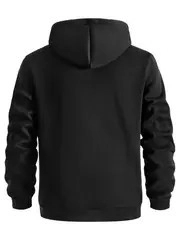 Vista posterior de sudadera negra con capucha y detalles de puños y dobladillo elástico