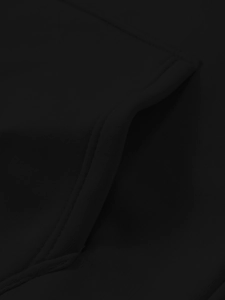 Detailed close-up showing double-needle stitching on the pocket edge of a black hoodie