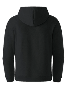 Rear view of black hoodie showing fabric texture, hood structure and ribbed hem details
