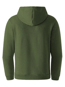 Vista dettagliata del retro di una felpa con cappuccio verde oliva con polsini a coste