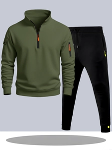 Ensemble de survêtement homme vert olive et noir avec détails contrastants et zip