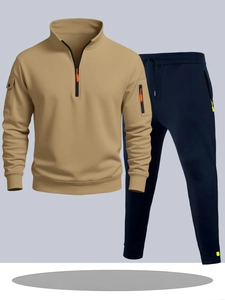 Ensemble homme sweat kaki et pantalon bleu marine avec détails de fermeture contrastés
