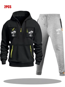 Ensemble sweat à capuche pour homme avec poches zippées et imprimés de palmiers blancs