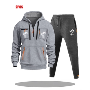 Survêtement à capuche gris pour homme avec zips orange et imprimé palmier
