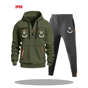 Men's Casual Tracksuit Top And Pants Cotton Blend Half Zip Hooded Sweatshirt Multi Pockets Smile Face Print Streetwear Joggers Suit