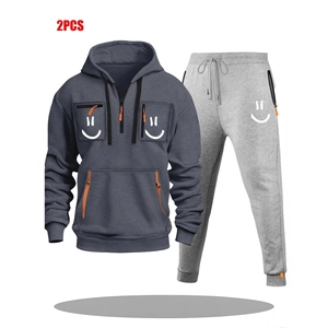 Men's 2-piece grey tracksuit with hoodie, zip pockets and sporty smile print detail