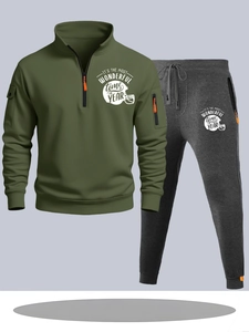 Detail of army green pullover with contrast zipper and dark grey joggers set