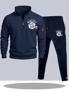 Detail of navy sport tracksuit showing half-zip hoodie and drawstring jogger set