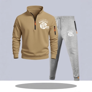 Men's khaki zip hoodie and grey joggers sports suit with festive graphic print set