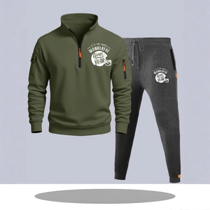 Men's olive green half-zip hoodie and charcoal joggers with football print sports set