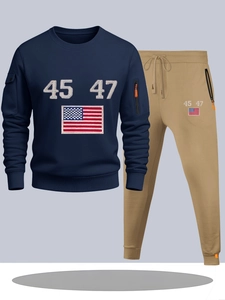 Detail of navy sweatshirt and khaki joggers set with 45 47 embroidery and flag patch