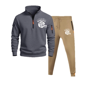 Men's two-piece sports tracksuit with grey half-zip hoodie and khaki jogger pants