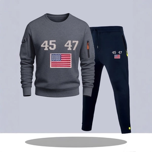 Men's two-piece tracksuit featuring a dark grey hoodie and navy blue joggers with flag patch