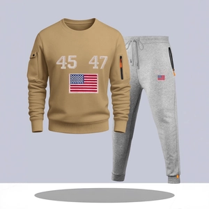 Men's khaki crewneck sweatshirt and grey joggers set with US flag and zipper pockets