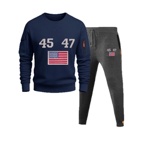 Men's navy hoodie and grey sweatpants set with 45 47 USA flag design on white background