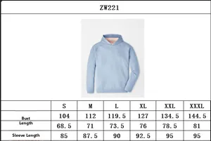 Size chart for light blue hooded sweatshirt with bust and length measurements in cm