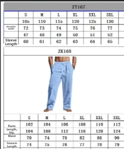 Size chart for men's linen casual set showing shirt and pants dimensions in centimeters