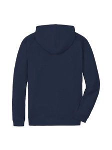 Detailed back view of navy blue hooded sweatshirt with raglan sleeves and ribbed cuffs