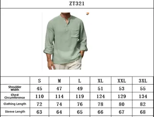 Detailed size chart for men cotton linen long sleeve shirt with fit dimensions from S to 3XL