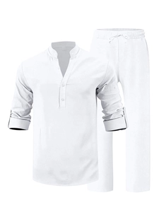 Detailed view of men's white linen shirt with band collar and drawstring pants