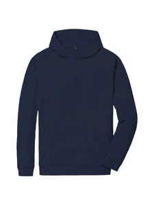 Detailed flat lay of dark blue hooded sweatshirt with ribbed cuffs and drawstrings