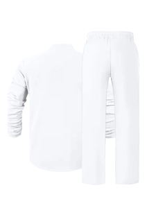 Rear view of white linen long-sleeve shirt and matching trousers set with elastic waistband